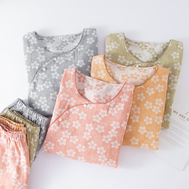 Ensemble pyjama rétro en jacquard de coton teint en fil à motif floral