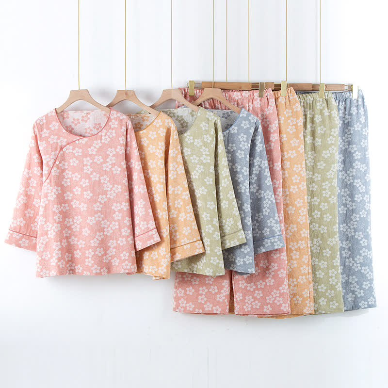 Ensemble pyjama rétro en jacquard de coton teint en fil à motif floral