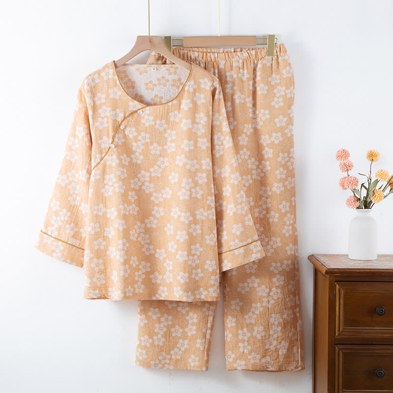 Ensemble pyjama rétro en jacquard de coton teint en fil à motif floral