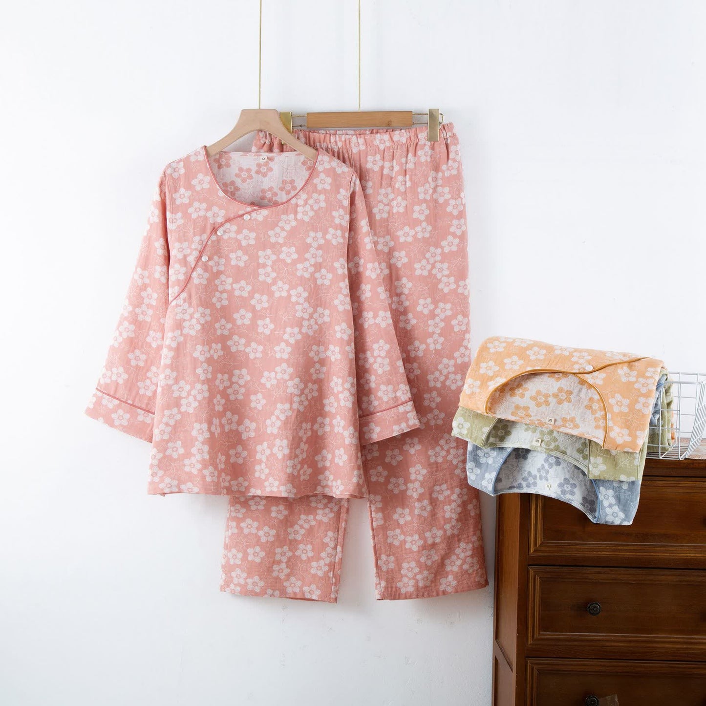 Ensemble pyjama rétro en jacquard de coton teint en fil à motif floral