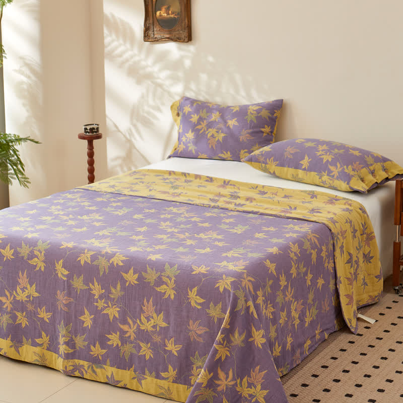 Couverture réversible en coton jacquard double épaisseur, teint en fil, avec motif feuille d'érable