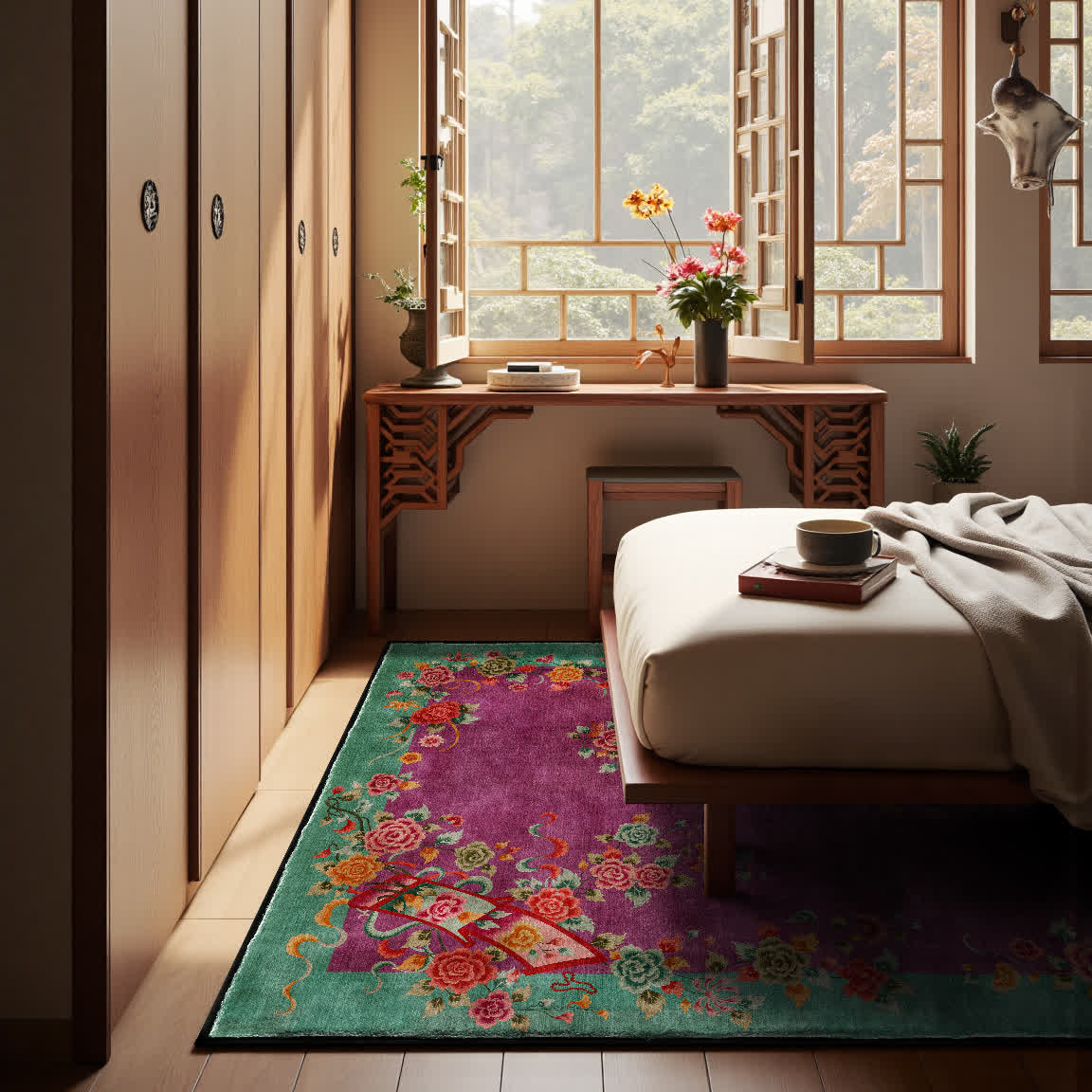 Tapis antidérapant doux et lavable au motif rose vintage