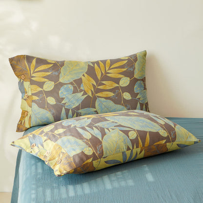 Housse de couette réversible en coton jacquard double épaisseur teint en fil avec motifs feuilles