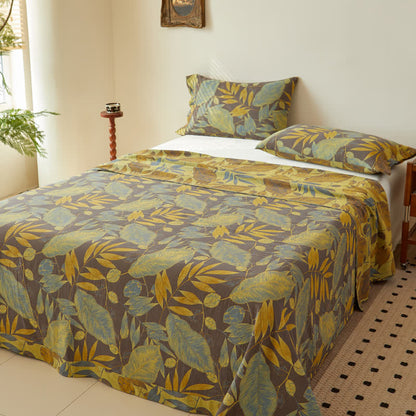 Housse de couette réversible en coton jacquard double épaisseur teint en fil avec motifs feuilles