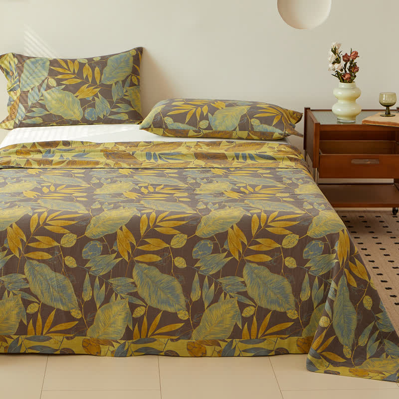 Housse de couette réversible en coton jacquard double épaisseur teint en fil avec motifs feuilles