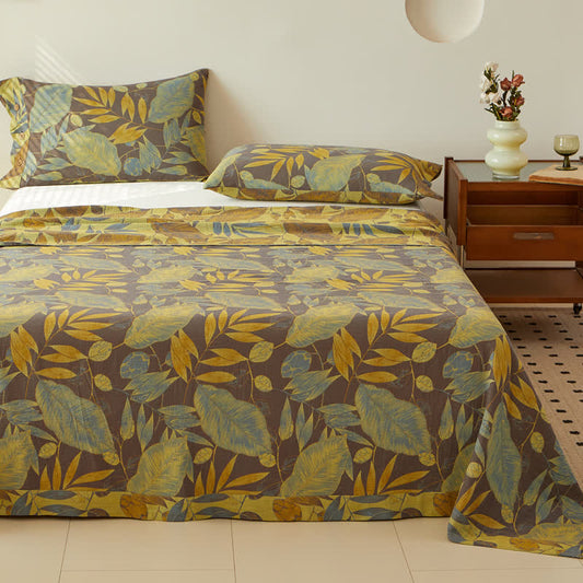 Housse de couette réversible en coton jacquard double épaisseur teint en fil avec motifs feuilles