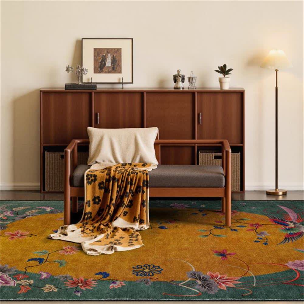 Tapis antidérapant et pliable avec motif de fleurs et d'oiseaux