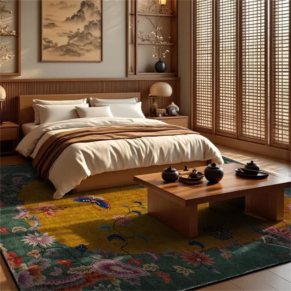 Tapis antidérapant et pliable avec motif de fleurs et d'oiseaux