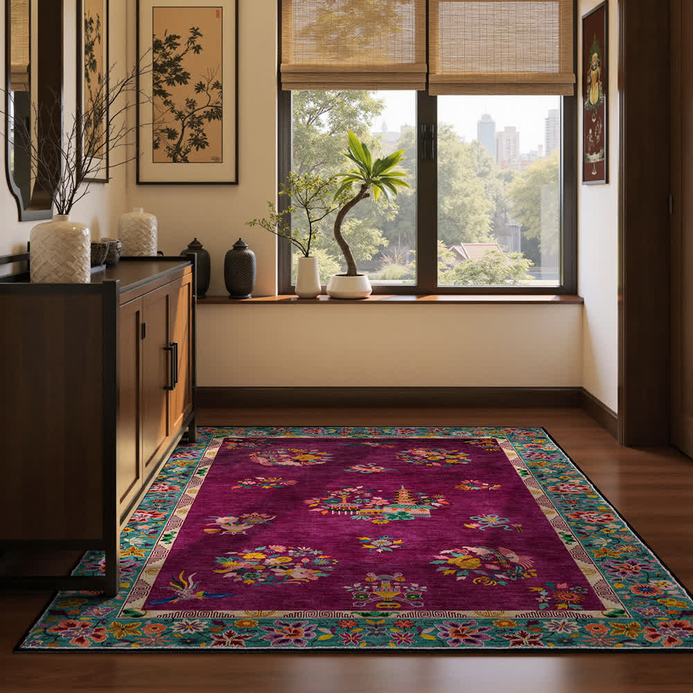 Tapis antidérapant d'intérieur/extérieur à motif floral rétro