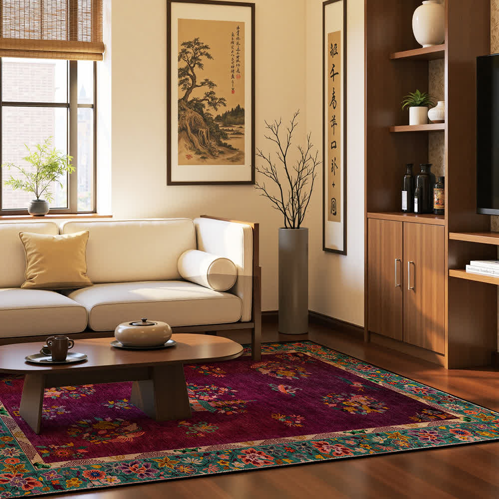 Tapis antidérapant d'intérieur/extérieur à motif floral rétro
