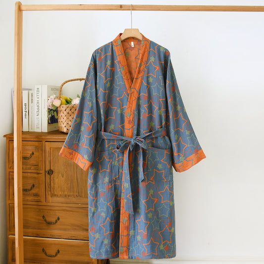 Peignoir en gaze de coton double épaisseur avec motif jacquard teint en fil