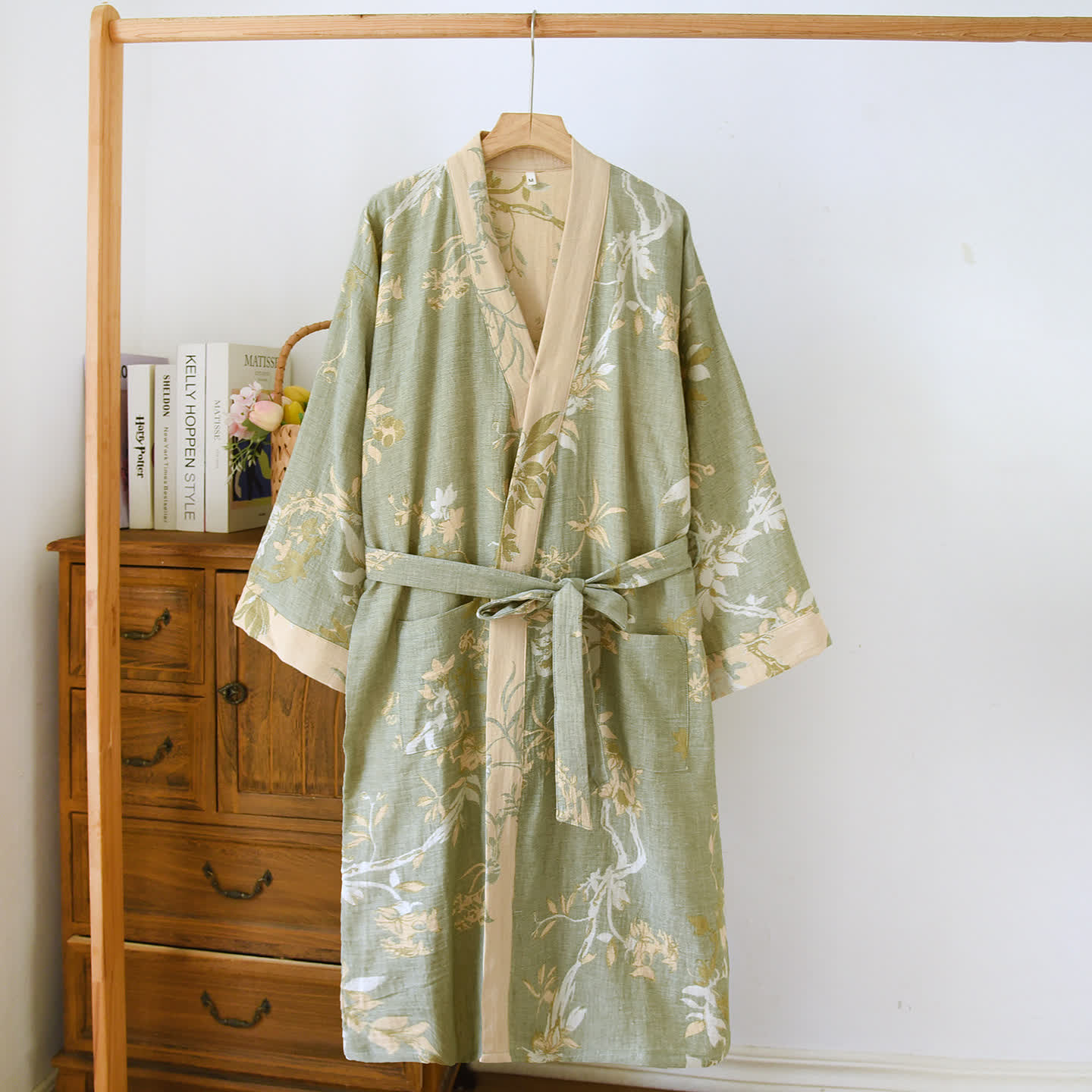 Peignoir en gaze double épaisseur en jacquard teint en fil avec motif branches et feuilles
