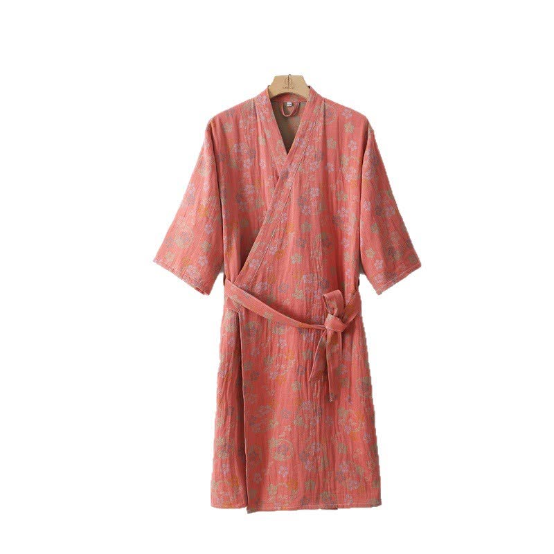Peignoir en gaze de coton double épaisseur, teint en fil et jacquard à motif floral