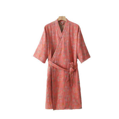 Peignoir en gaze de coton double épaisseur, teint en fil et jacquard à motif floral