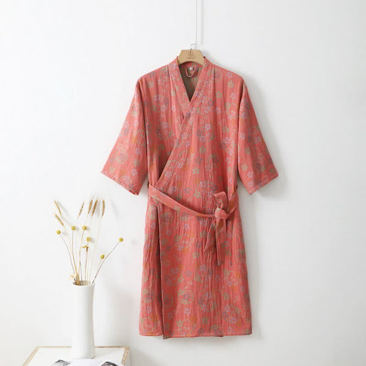 Peignoir en gaze de coton double épaisseur, teint en fil et jacquard à motif floral