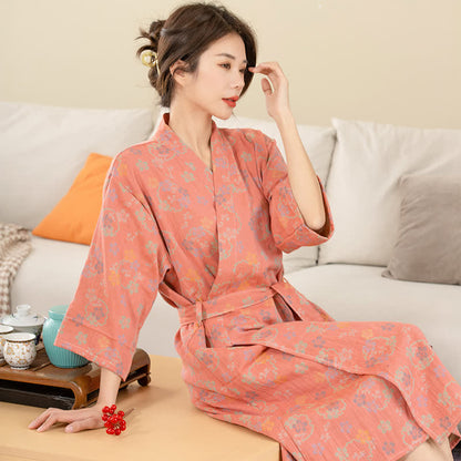 Peignoir en gaze de coton double épaisseur, teint en fil et jacquard à motif floral