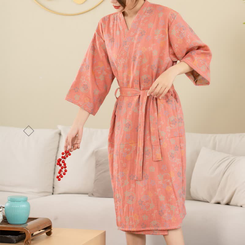 Peignoir en gaze de coton double épaisseur, teint en fil et jacquard à motif floral