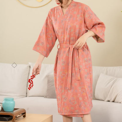 Peignoir en gaze de coton double épaisseur, teint en fil et jacquard à motif floral