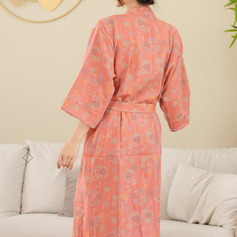 Peignoir en gaze de coton double épaisseur, teint en fil et jacquard à motif floral