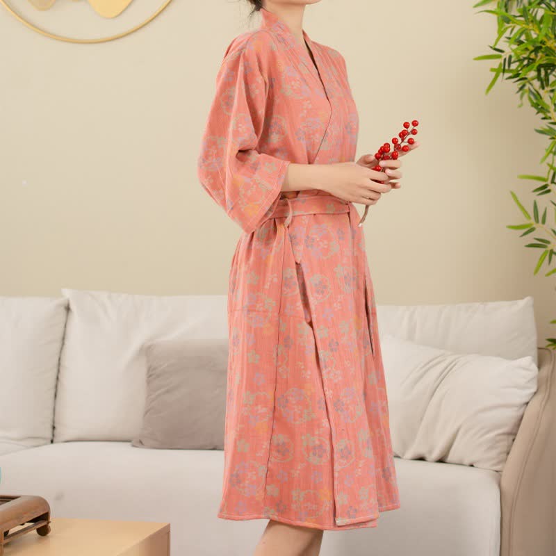 Peignoir en gaze de coton double épaisseur, teint en fil et jacquard à motif floral