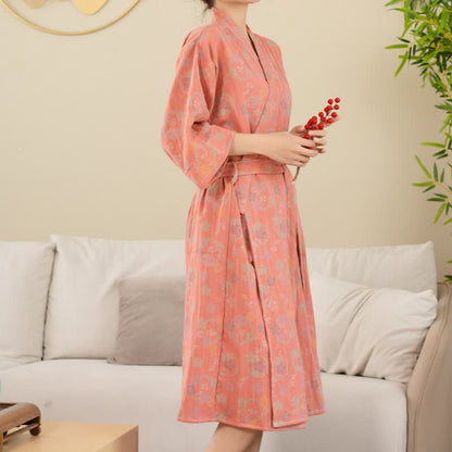 Peignoir en gaze de coton double épaisseur, teint en fil et jacquard à motif floral