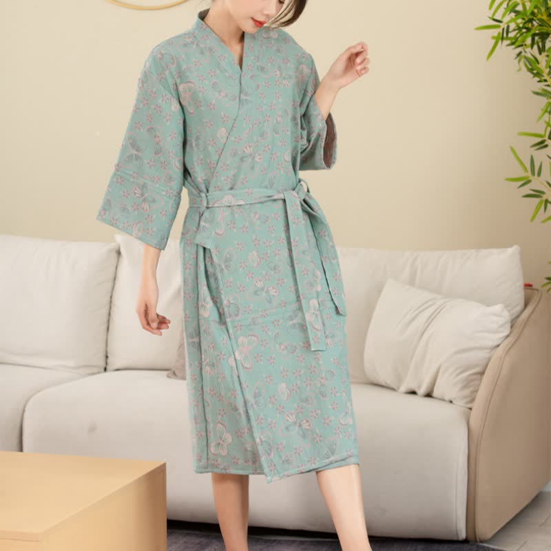 Peignoir en gaze double épaisseur en jacquard teint en fil avec motif floral et papillon