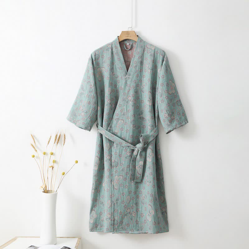 Peignoir en gaze double épaisseur en jacquard teint en fil avec motif floral et papillon