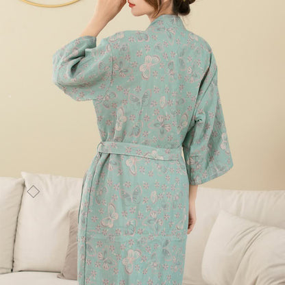 Peignoir en gaze double épaisseur en jacquard teint en fil avec motif floral et papillon