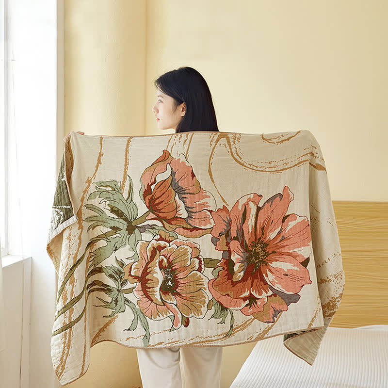 Serviette de bain absorbante en gaze de pur coton à motif floral