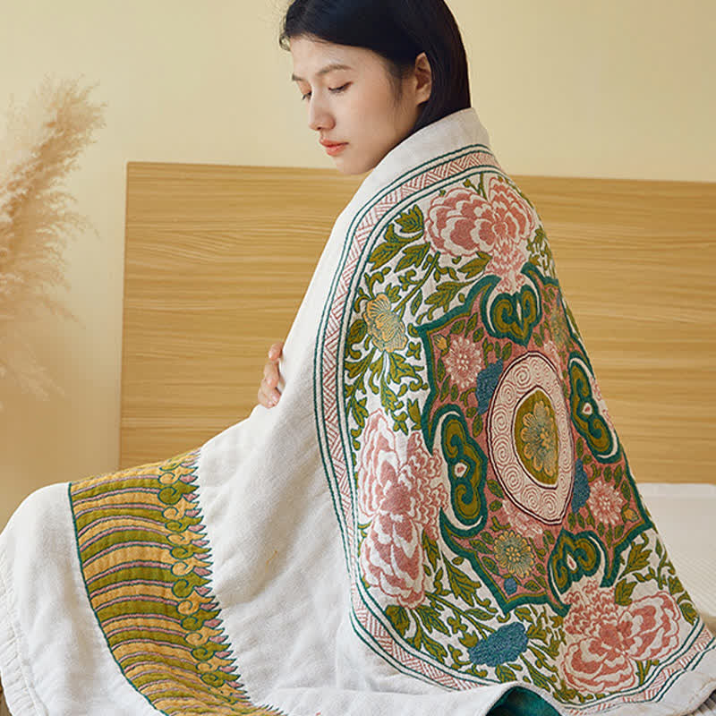 Serviette de bain élégante et absorbante en gaze de pur coton à motif floral