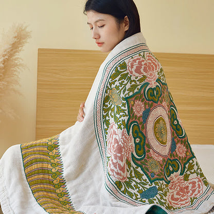 Serviette de bain élégante et absorbante en gaze de pur coton à motif floral