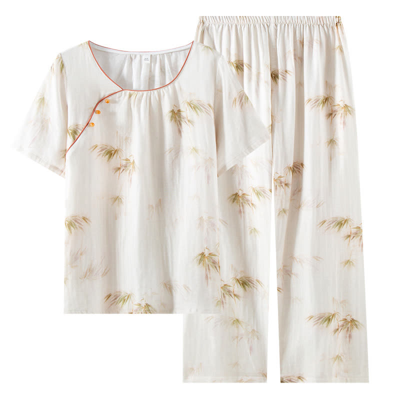 Ensemble de vêtements d'intérieur en gaze de coton avec imprimé bambou vintage et boutons en perles