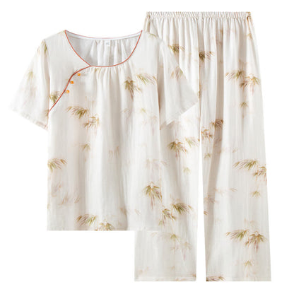 Ensemble de vêtements d'intérieur en gaze de coton avec imprimé bambou vintage et boutons en perles
