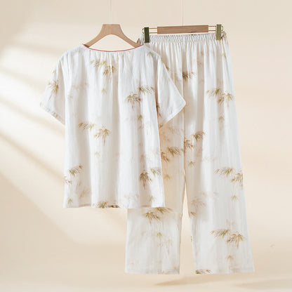 Ensemble de vêtements d'intérieur en gaze de coton avec imprimé bambou vintage et boutons en perles