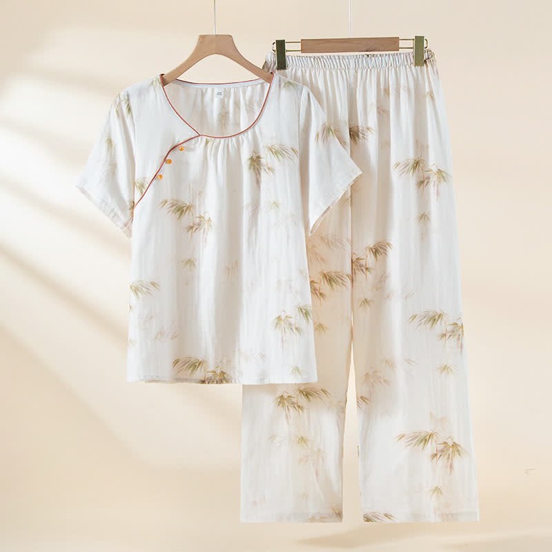 Ensemble de vêtements d'intérieur en gaze de coton avec imprimé bambou vintage et boutons en perles