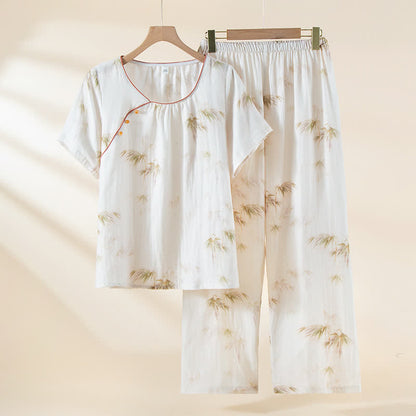 Ensemble de vêtements d'intérieur en gaze de coton avec imprimé bambou vintage et boutons en perles