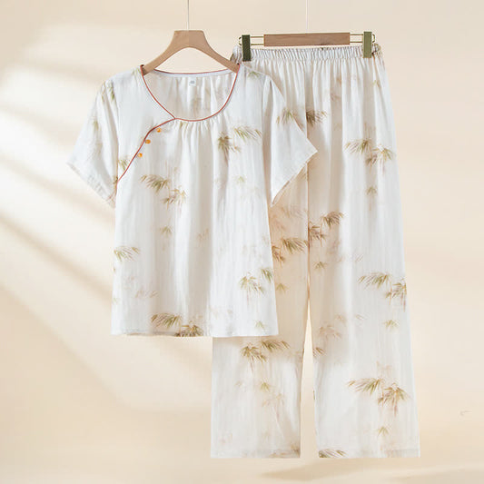 Ensemble de vêtements d'intérieur en gaze de coton avec imprimé bambou vintage et boutons en perles