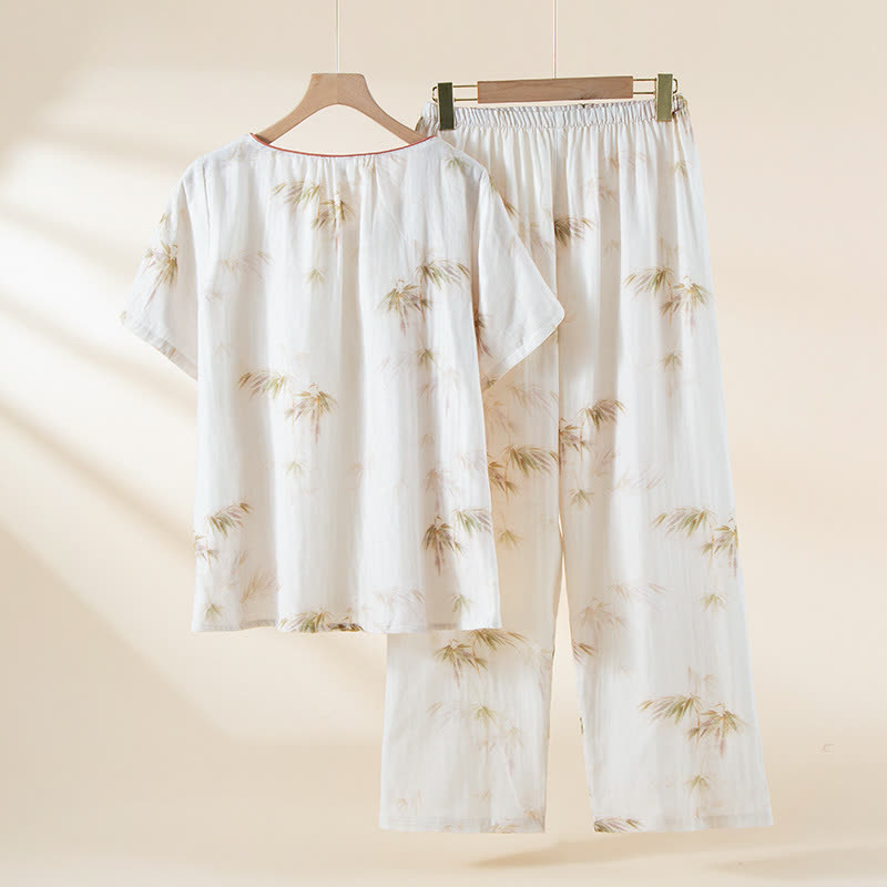 Ensemble de vêtements d'intérieur en gaze de coton avec imprimé bambou vintage et boutons en perles - image 1