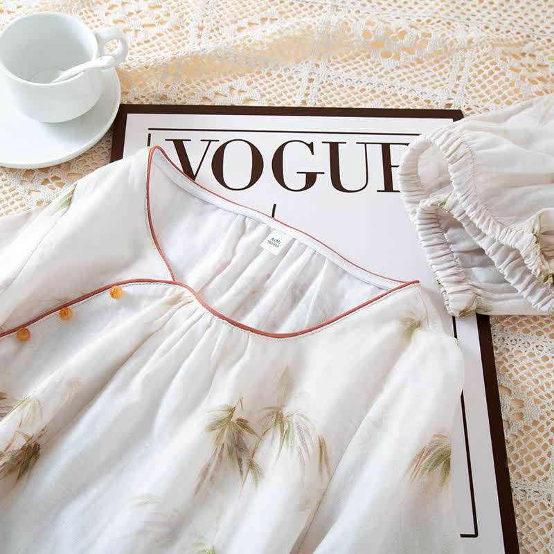 Ensemble de vêtements d'intérieur en gaze de coton avec imprimé bambou vintage et boutons en perles