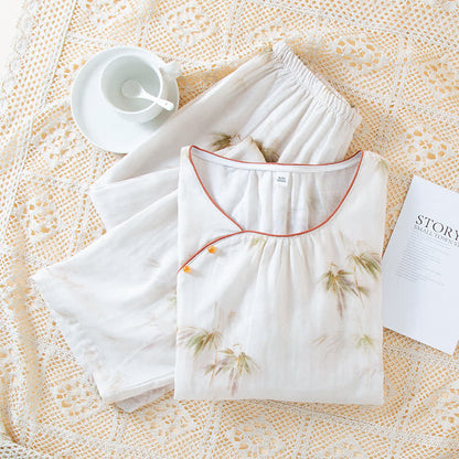 Ensemble de vêtements d'intérieur en gaze de coton avec imprimé bambou vintage et boutons en perles