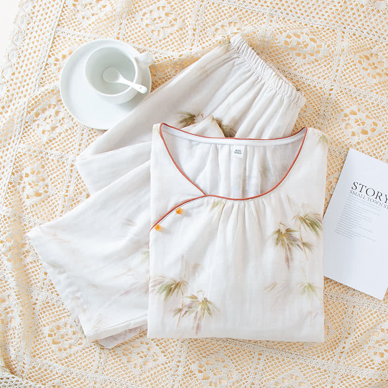 Ensemble de vêtements d'intérieur en gaze de coton avec imprimé bambou vintage et boutons en perles - image 2