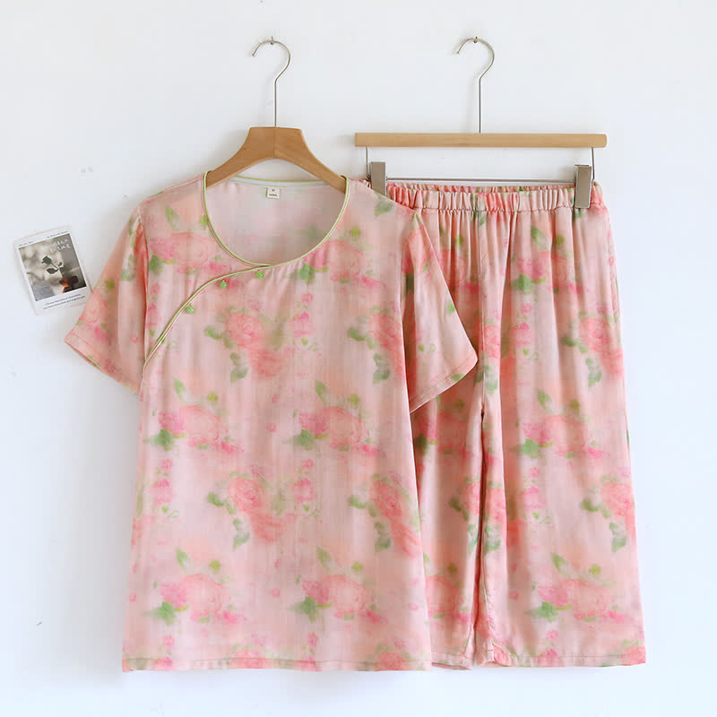 Ensemble pyjama à manches courtes en fibre de bambou avec imprimé rose
