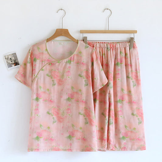 Ensemble pyjama à manches courtes en fibre de bambou avec imprimé rose