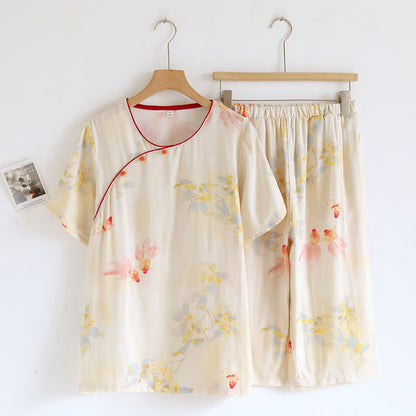 Ensemble pyjama à manches courtes en fibre de bambou avec motif de fleurs de koi