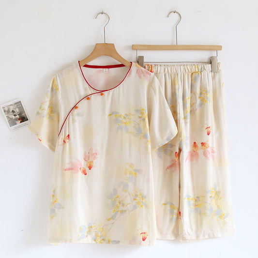 Ensemble pyjama à manches courtes en fibre de bambou avec motif de fleurs de koi