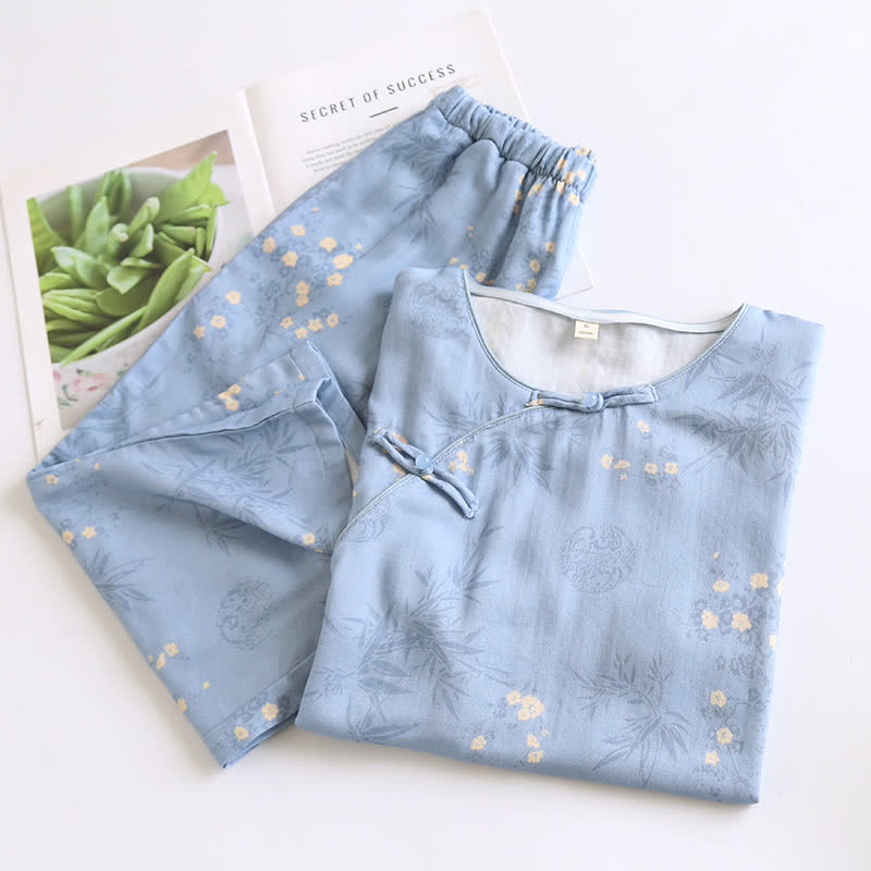 Ensemble pyjama élégant à manches courtes en fibre de bambou avec motif floral