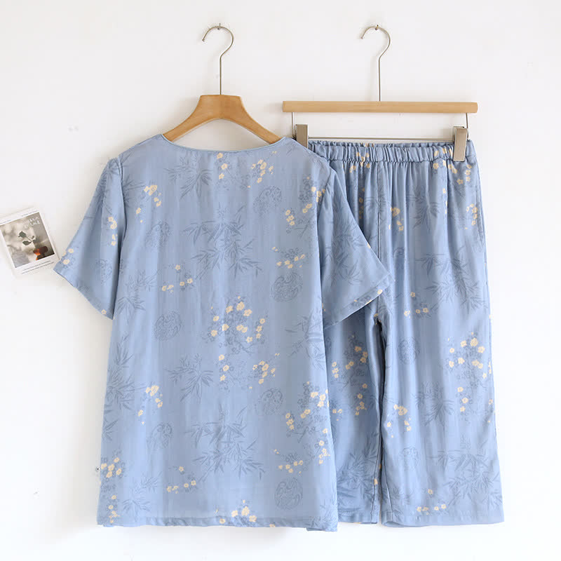 Ensemble pyjama élégant à manches courtes en fibre de bambou avec motif floral