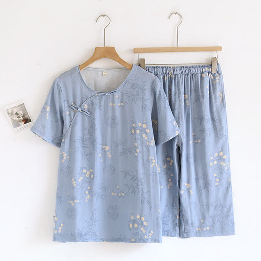 Ensemble pyjama élégant à manches courtes en fibre de bambou avec motif floral