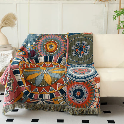 Couverture réversible en gaze de coton avec motif floral artistique et pompons