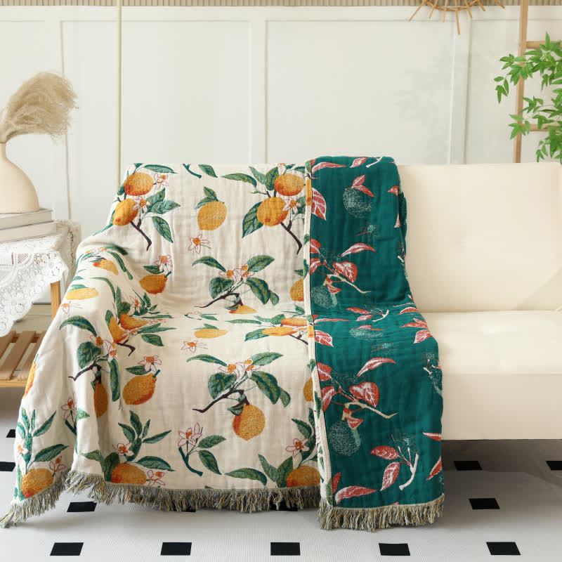 Couette réversible en gaze de coton à motif citron et pompons